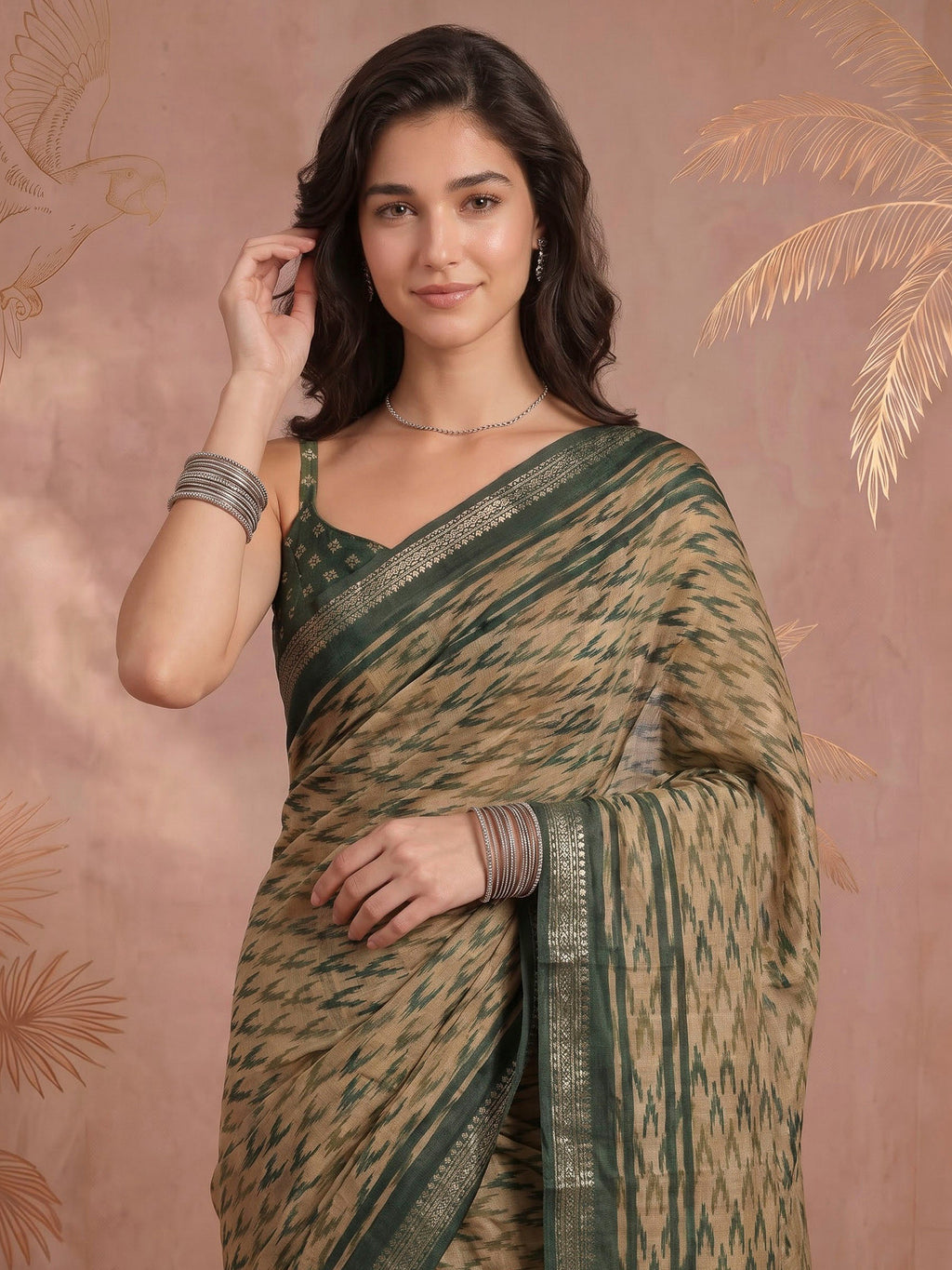 Green Cotton Blend Printed Saree