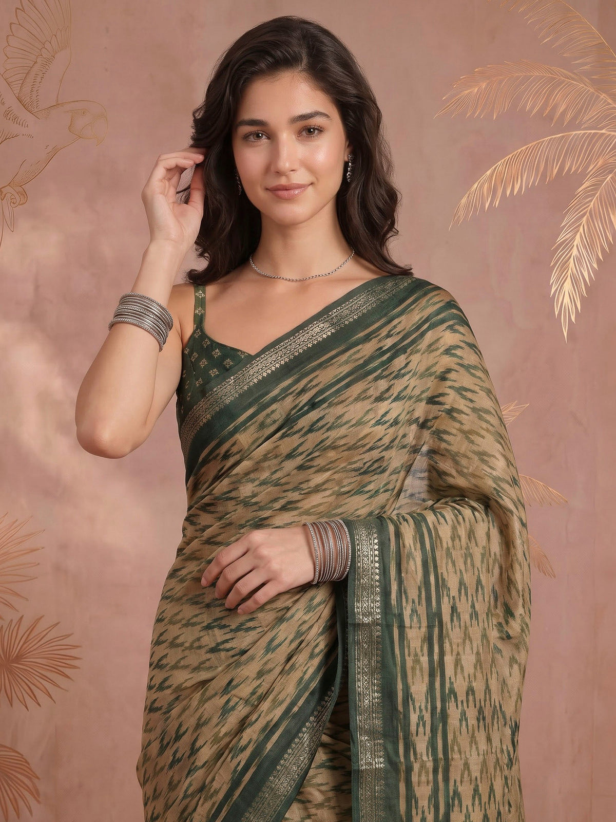 Green Cotton Blend Printed Saree