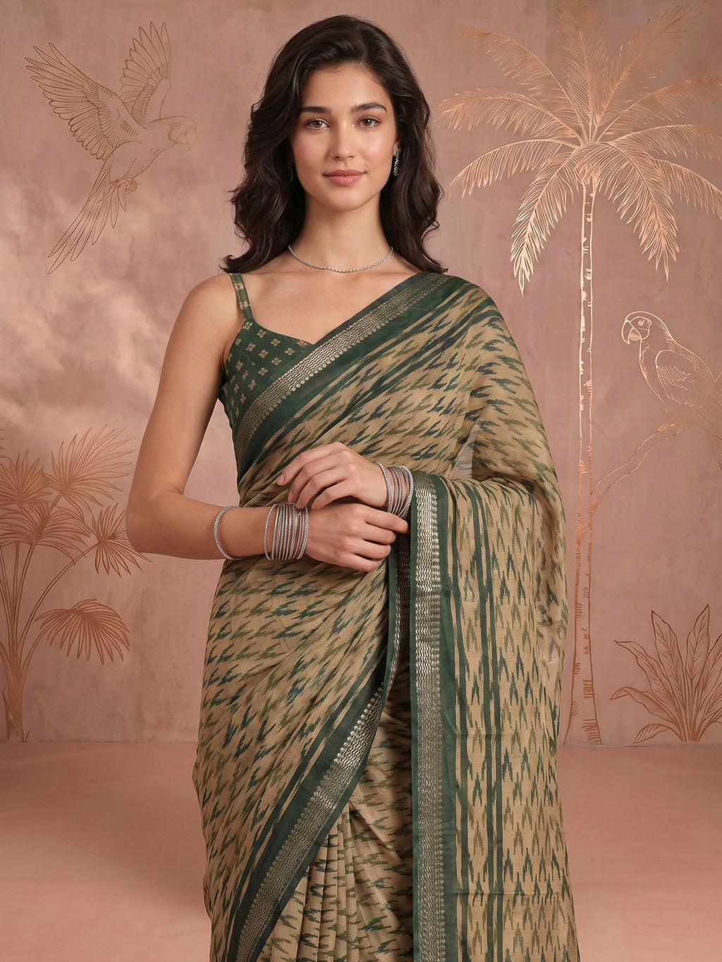 Green Cotton Blend Printed Saree
