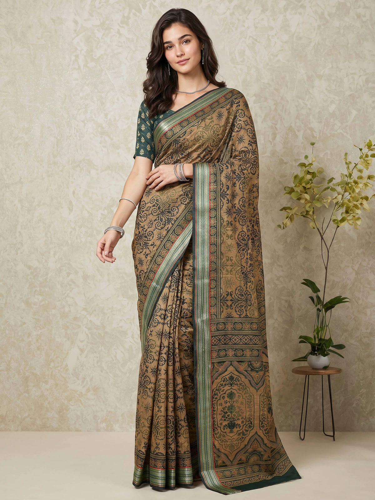 Green Cotton Blend Printed Saree
