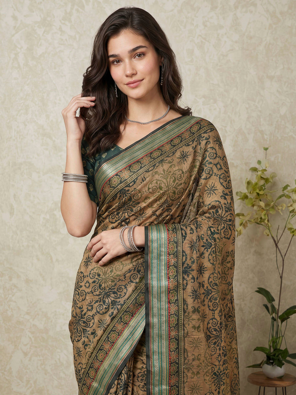 Green Cotton Blend Printed Saree