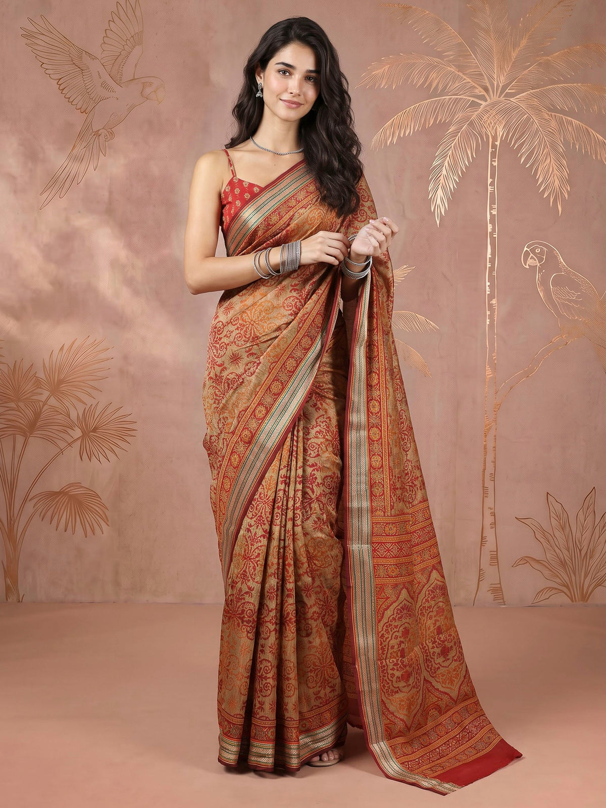 Magenta Cotton Blend Printed Saree