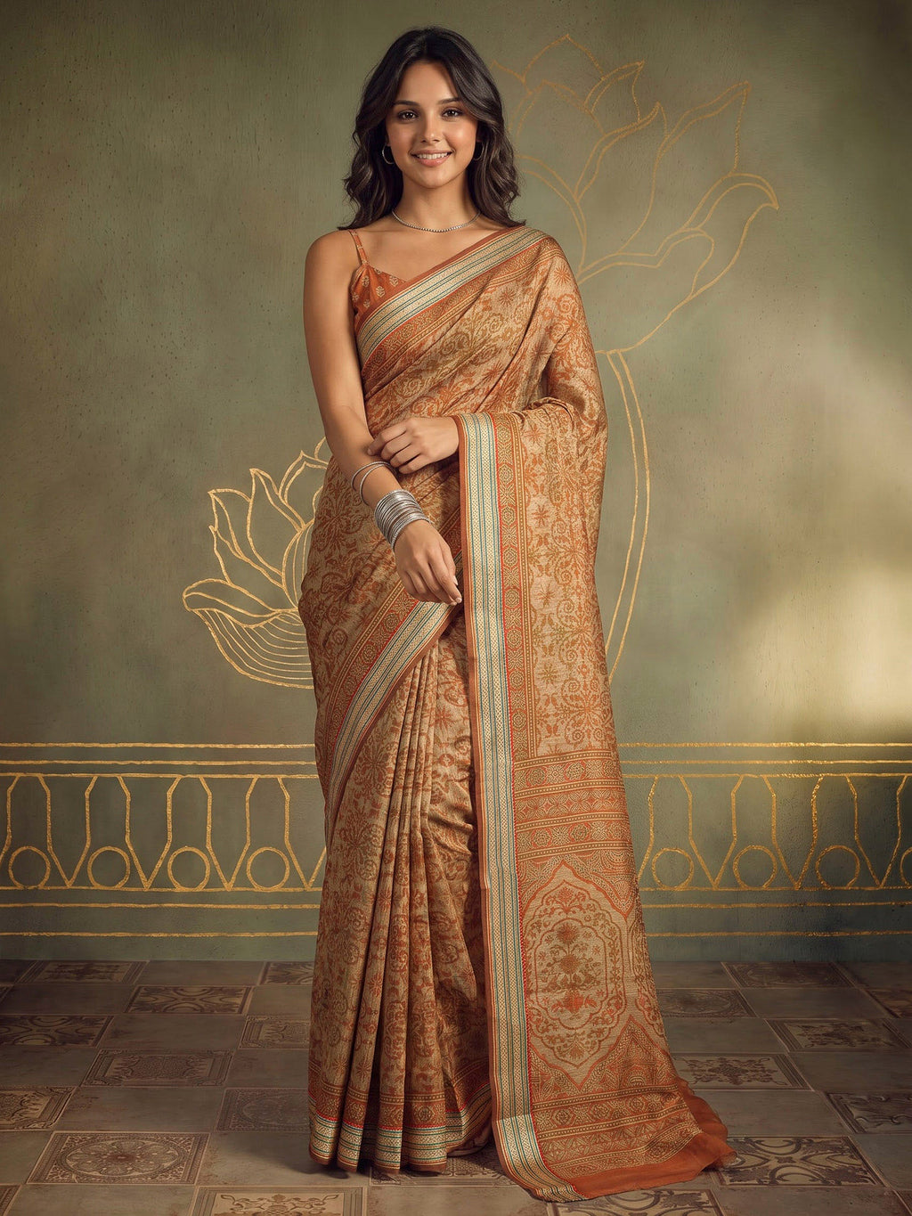 Mustard Cotton Blend Printed Saree