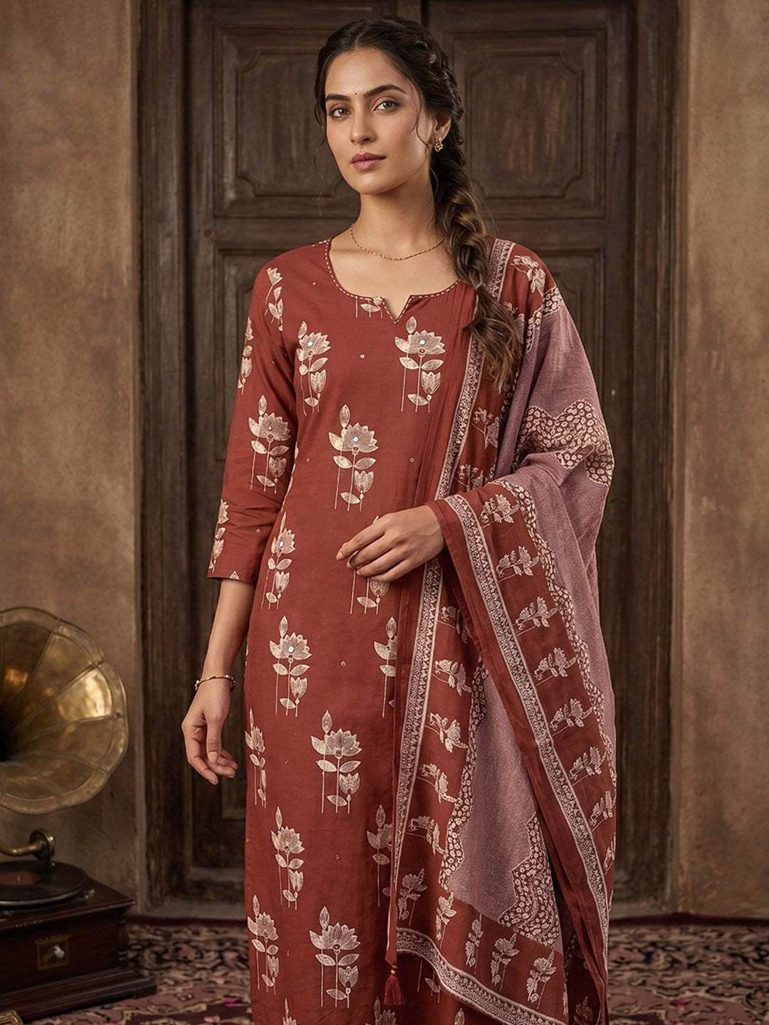Maroon Cotton Blend Printed Straight Suit Set