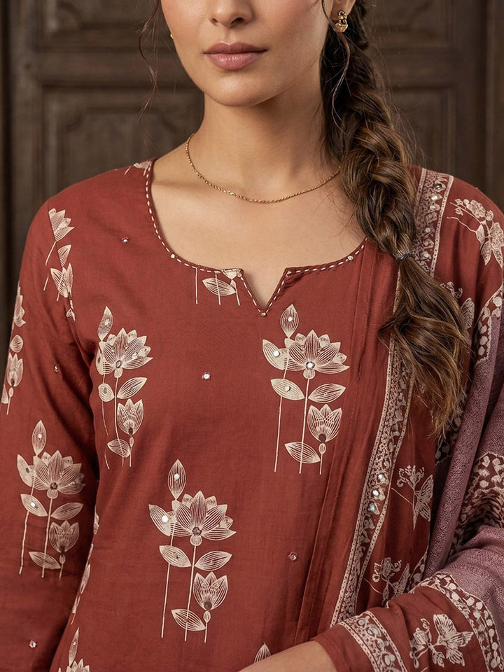 Maroon Cotton Blend Printed Straight Suit Set