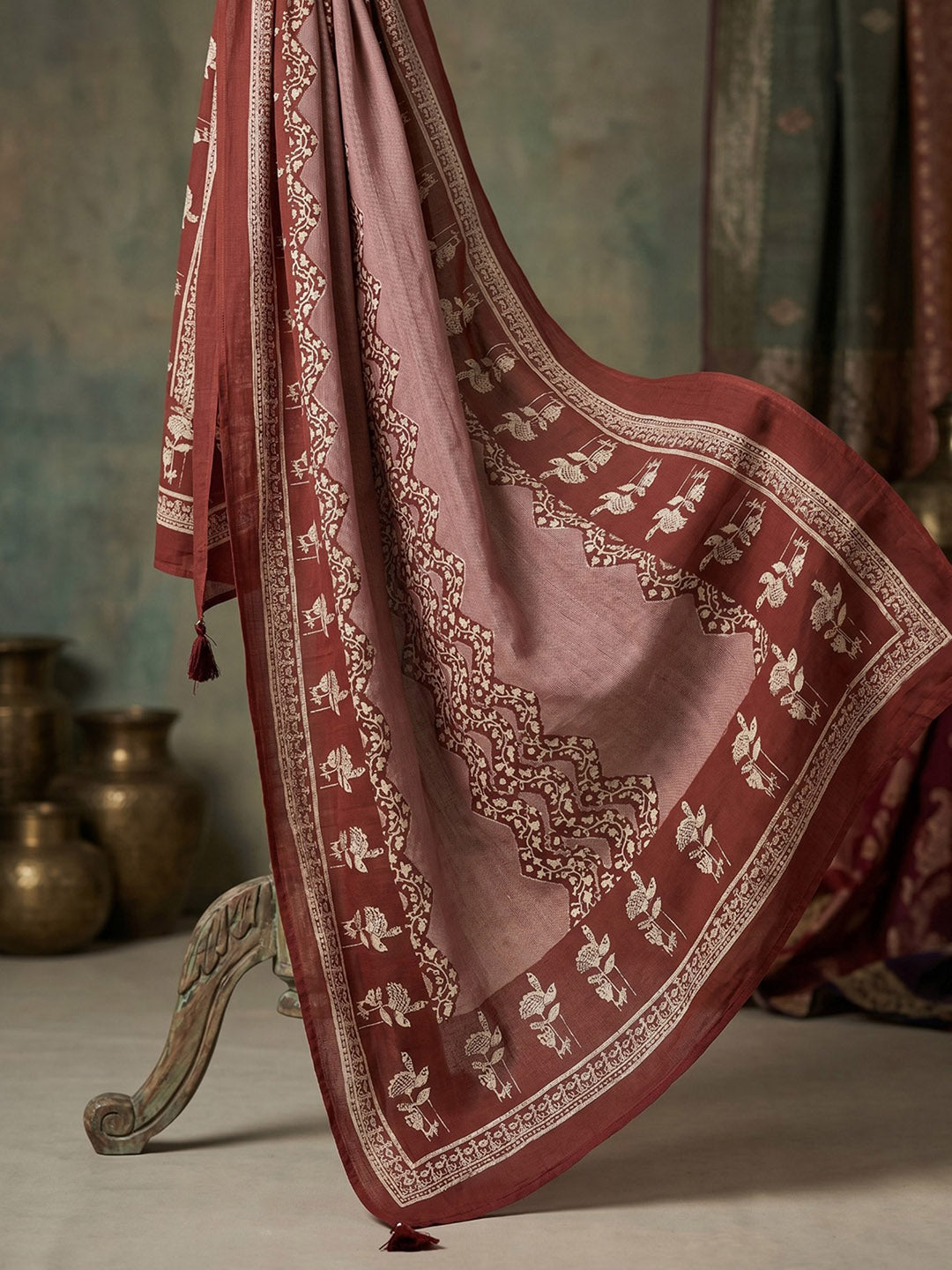 Maroon Cotton Blend Printed Straight Suit Set