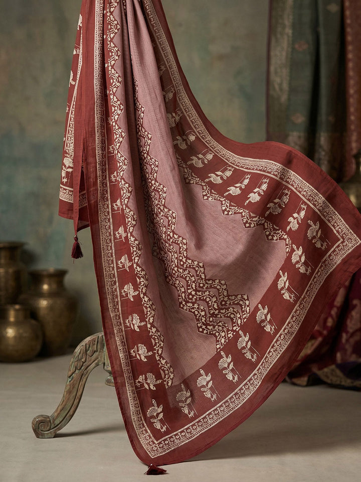 Maroon Cotton Blend Printed Straight Suit Set