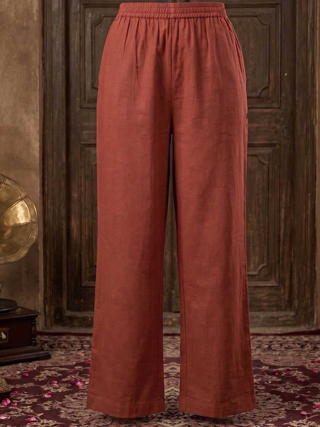 Maroon Cotton Blend Printed Straight Suit Set