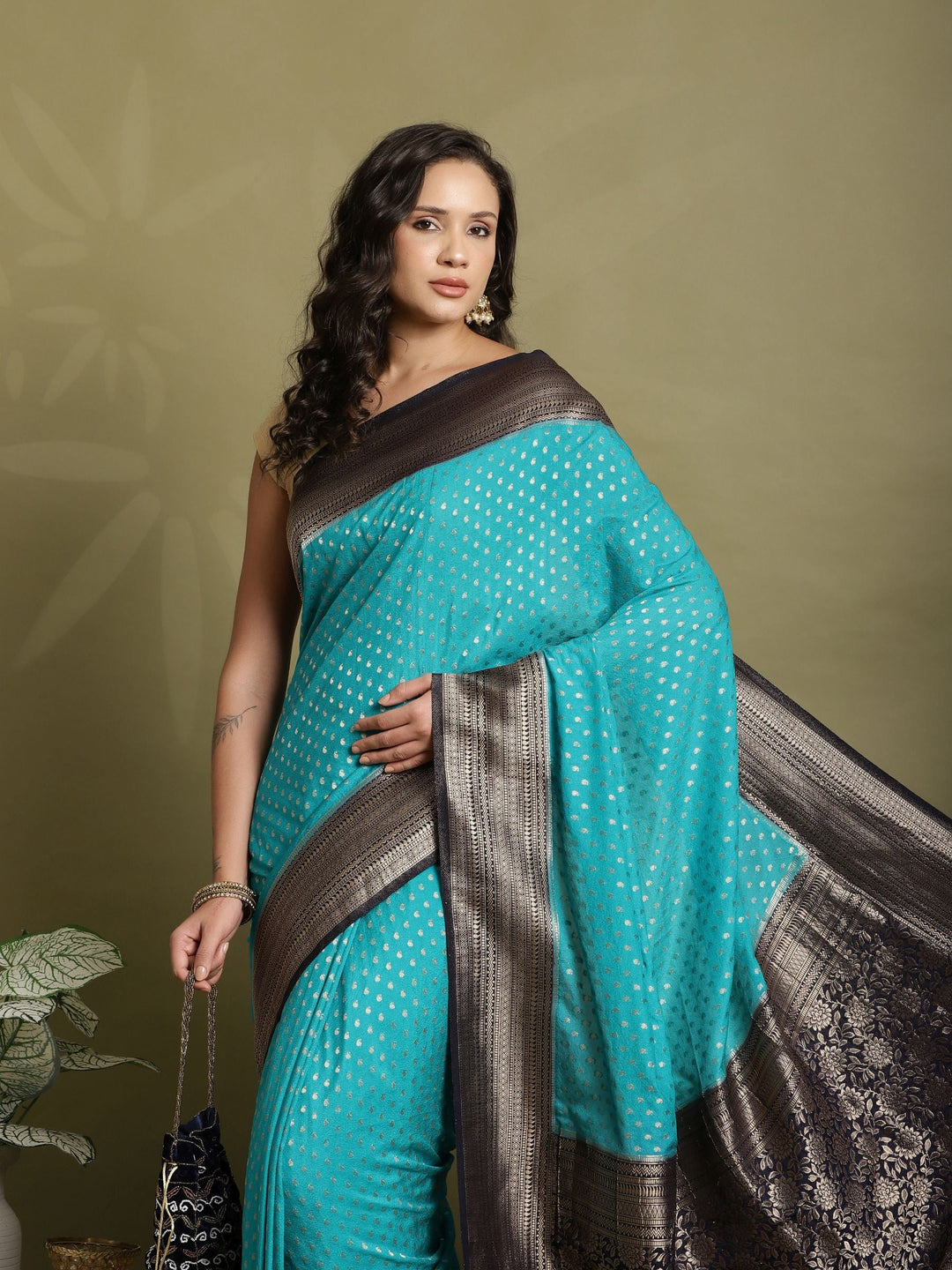 Polka Dot Woven Booti Crepe Saree