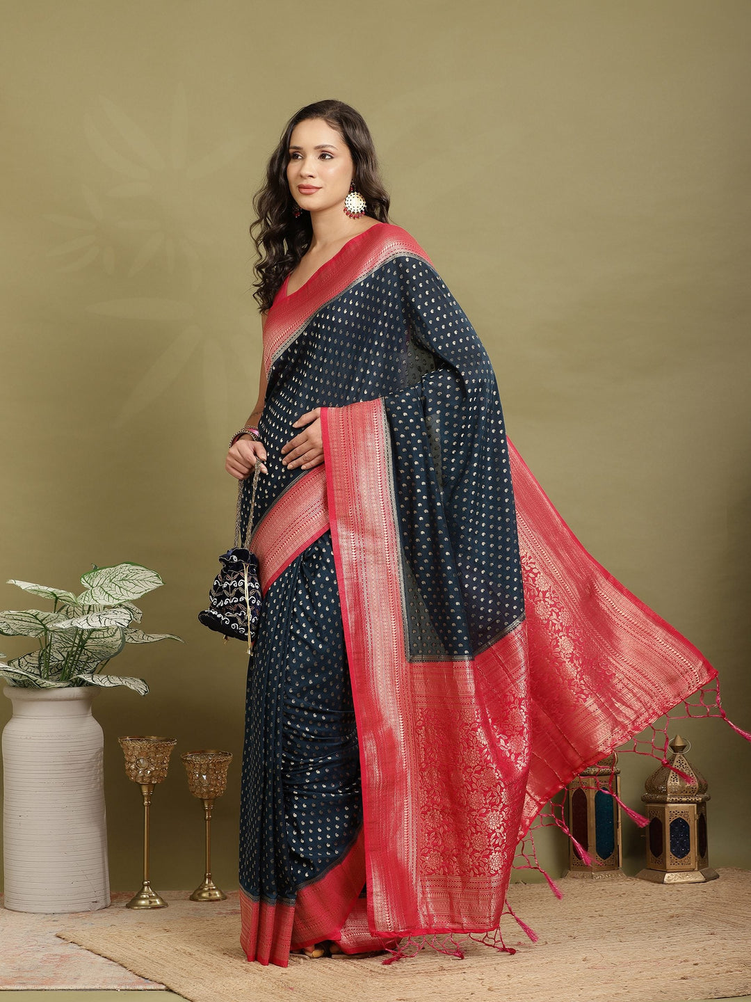 Polka Dot Woven Booti Crepe Saree