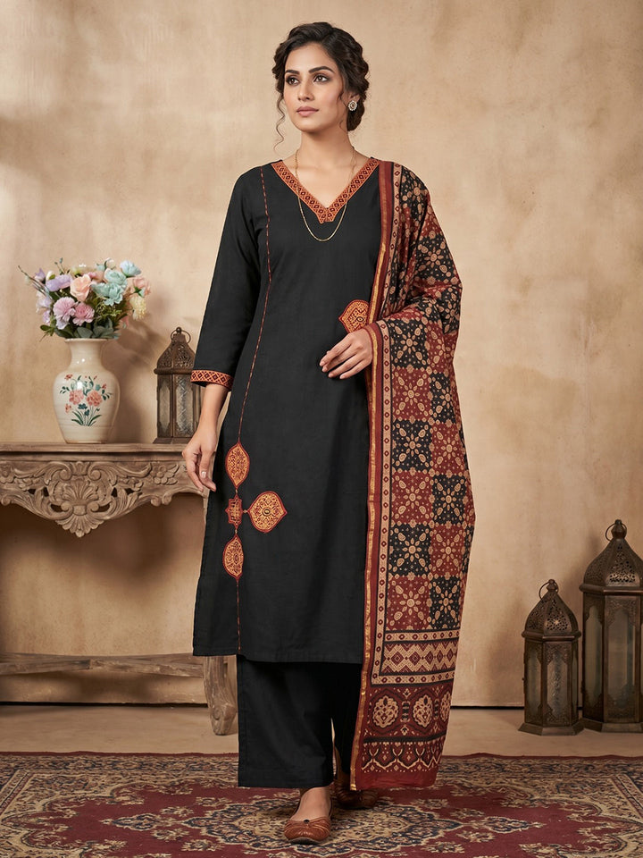 Black Cotton Blend Embroidered Straight Suit Set