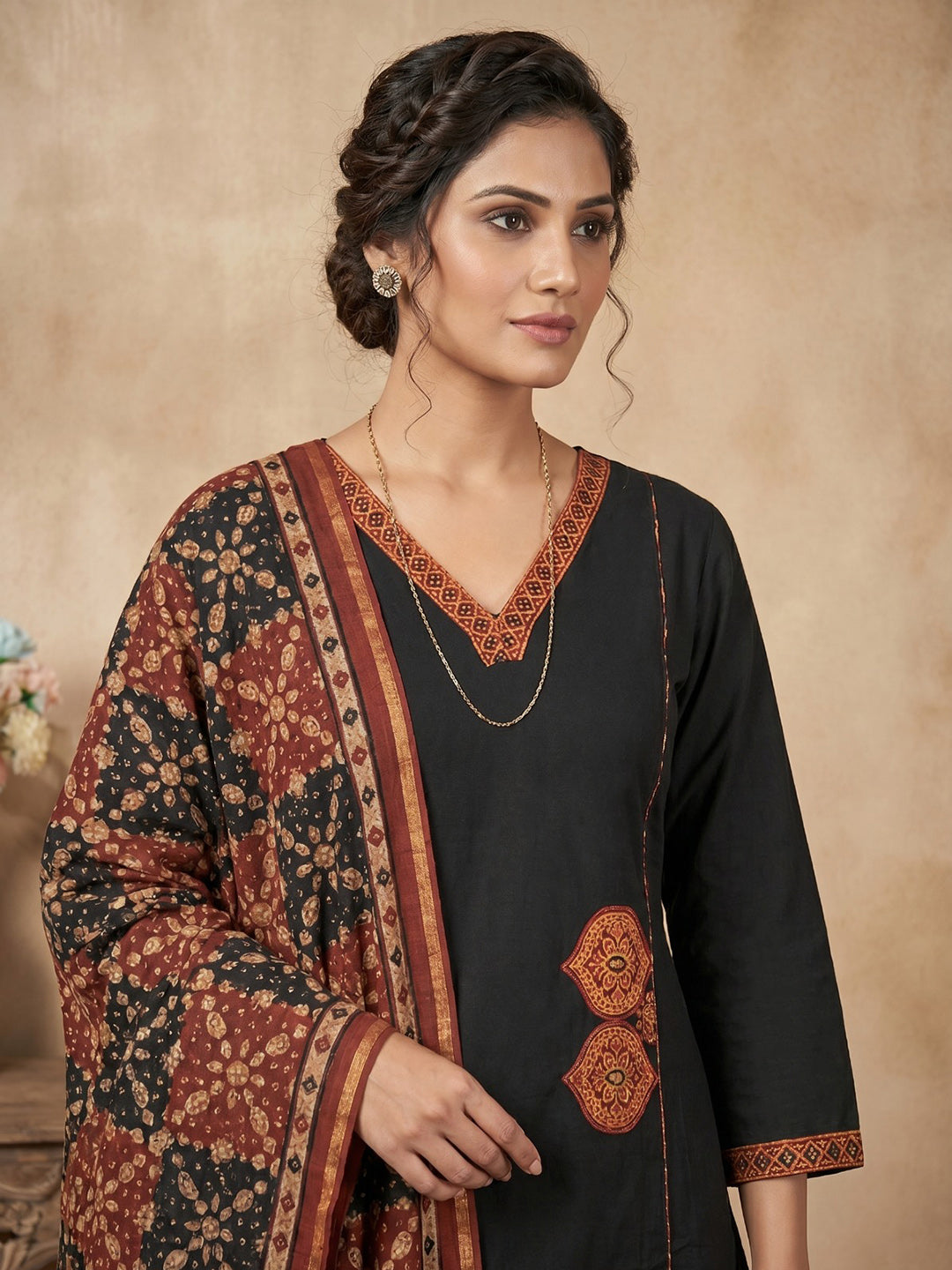 Black Cotton Blend Embroidered Straight Suit Set