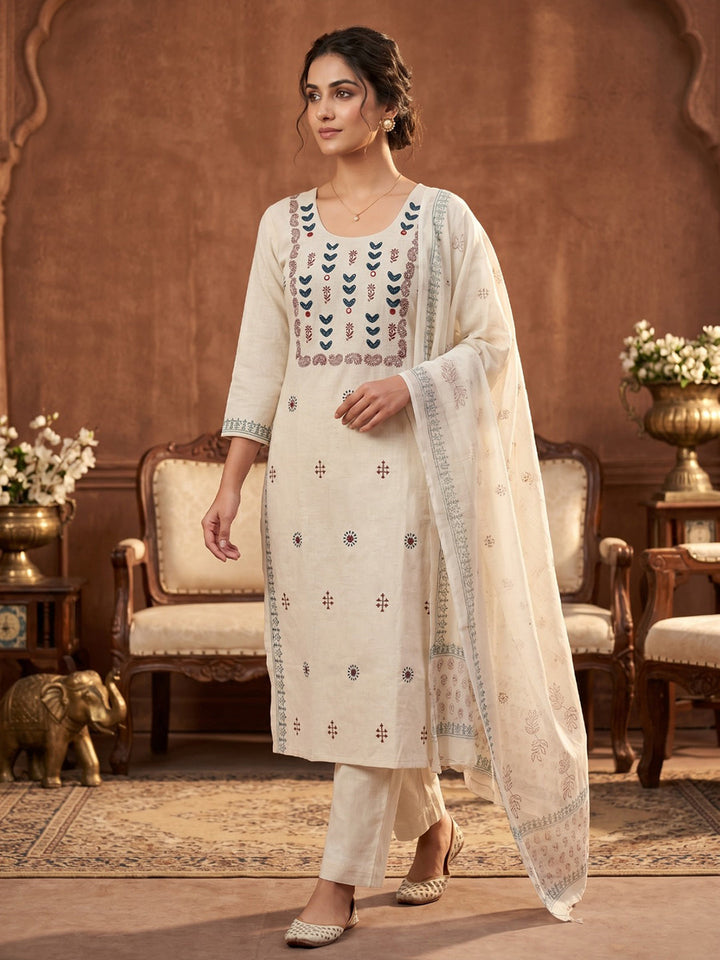 Cream Blue Cotton Blend Embroidered Straight Suit Set