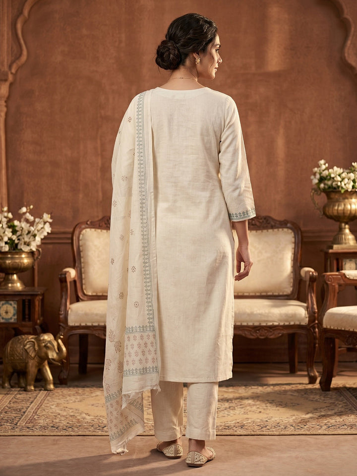 Cream Blue Cotton Blend Embroidered Straight Suit Set