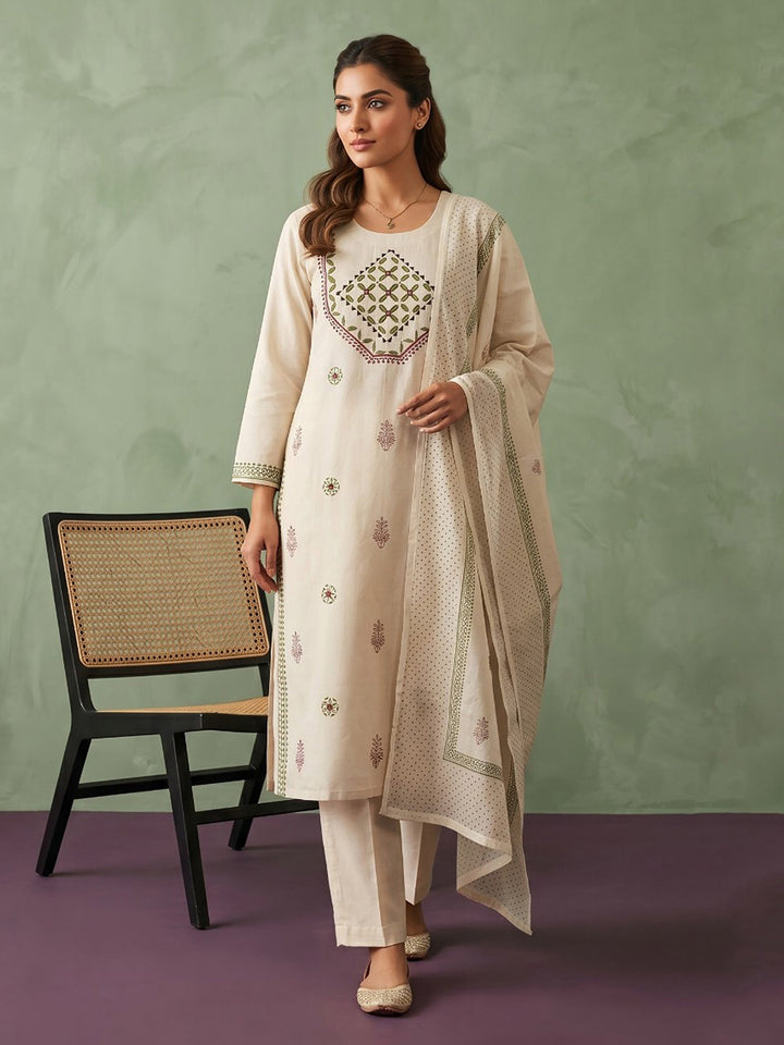 Cream Green Cotton Blend Embroidered Straight Suit Set