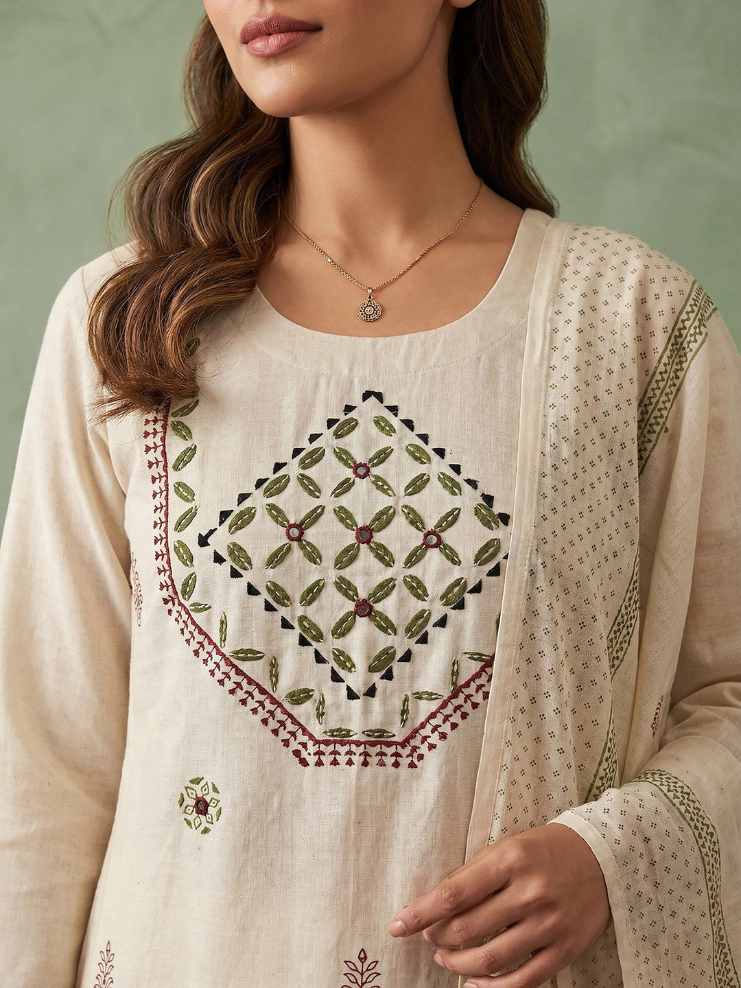 Cream Green Cotton Blend Embroidered Straight Suit Set