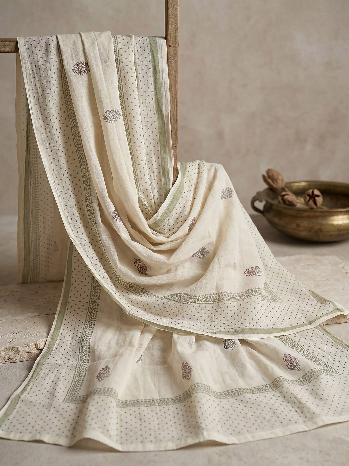 Cream Green Cotton Blend Embroidered Straight Suit Set