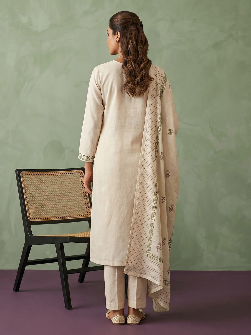 Cream Green Cotton Blend Embroidered Straight Suit Set