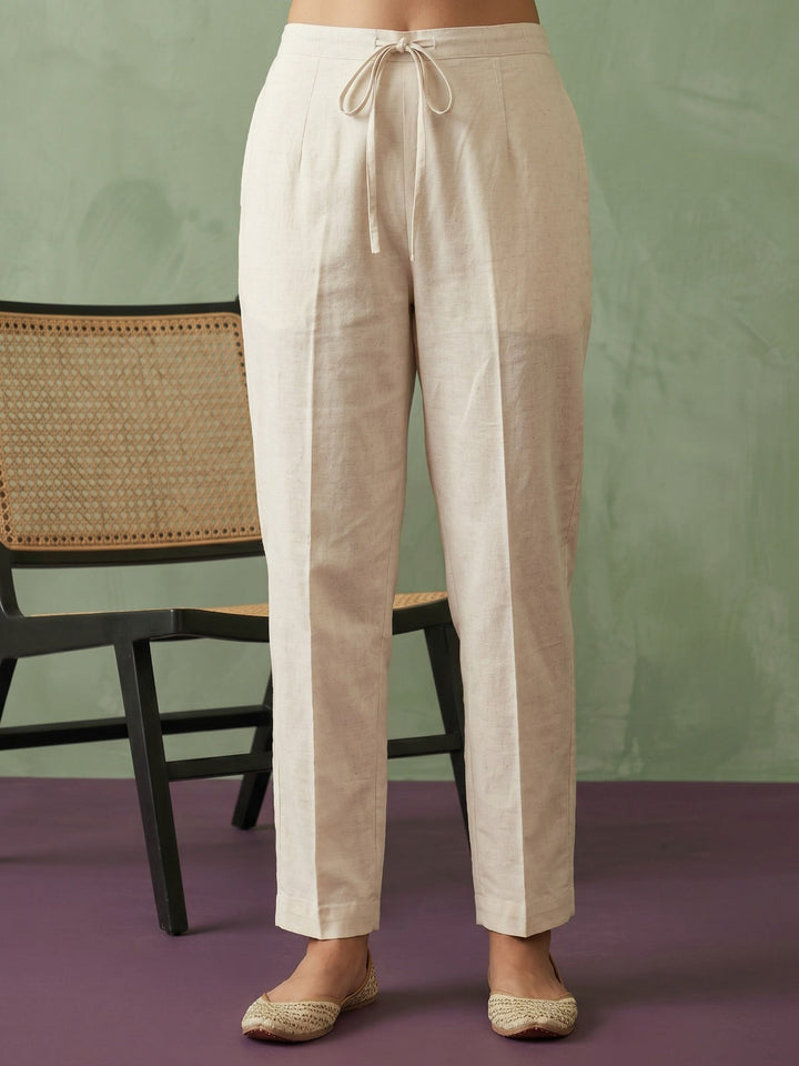 Cream Green Cotton Blend Embroidered Straight Suit Set
