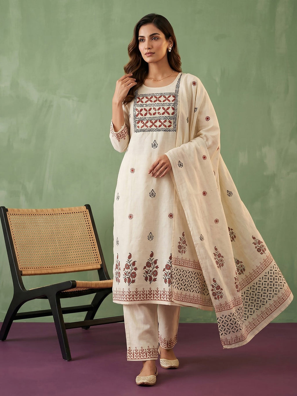 Cream Red Cotton Blend Embroidered Straight Suit Set