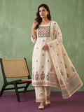Cream Red Cotton Blend Embroidered Straight Suit Set