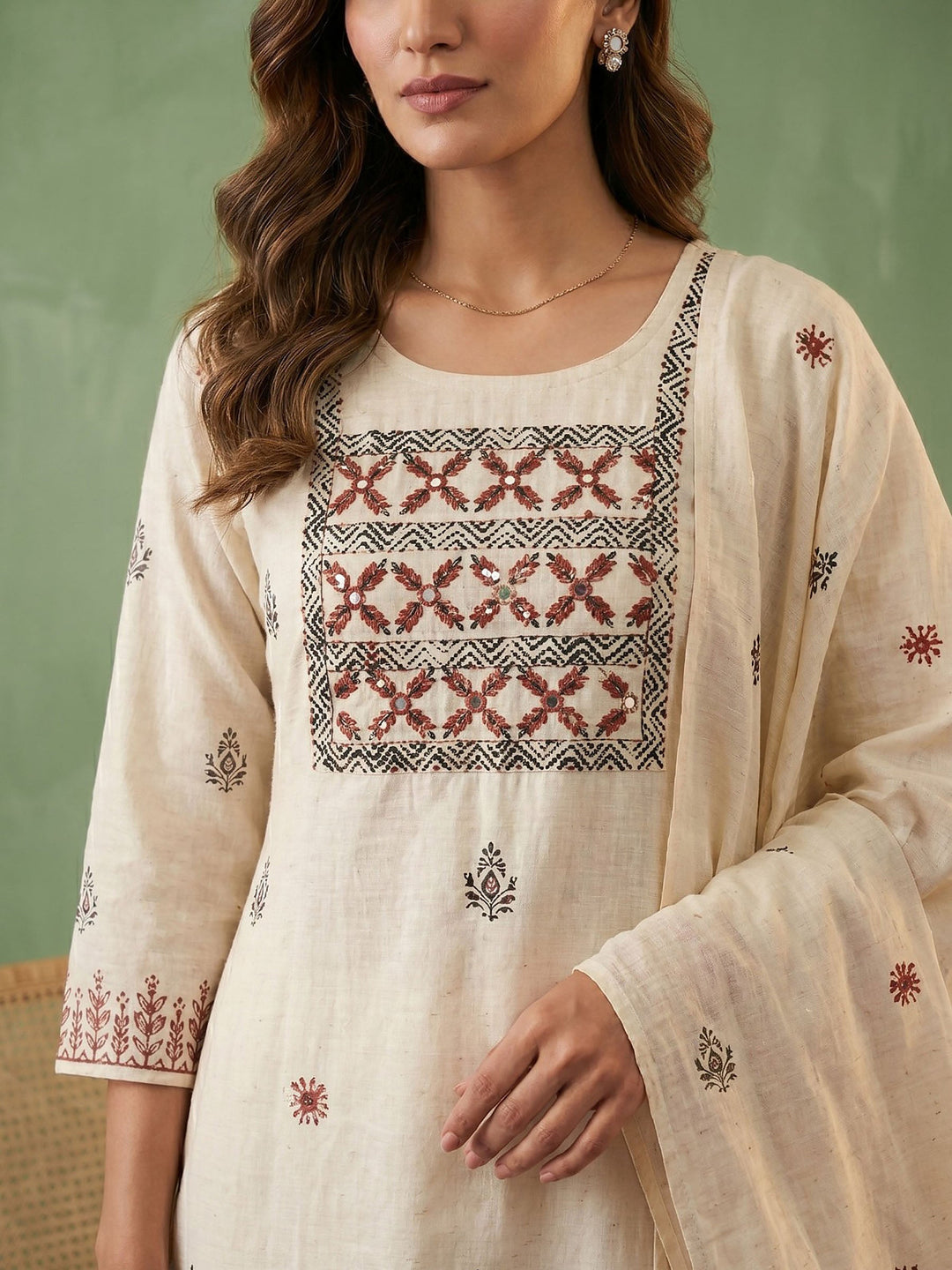 Cream Red Cotton Blend Embroidered Straight Suit Set