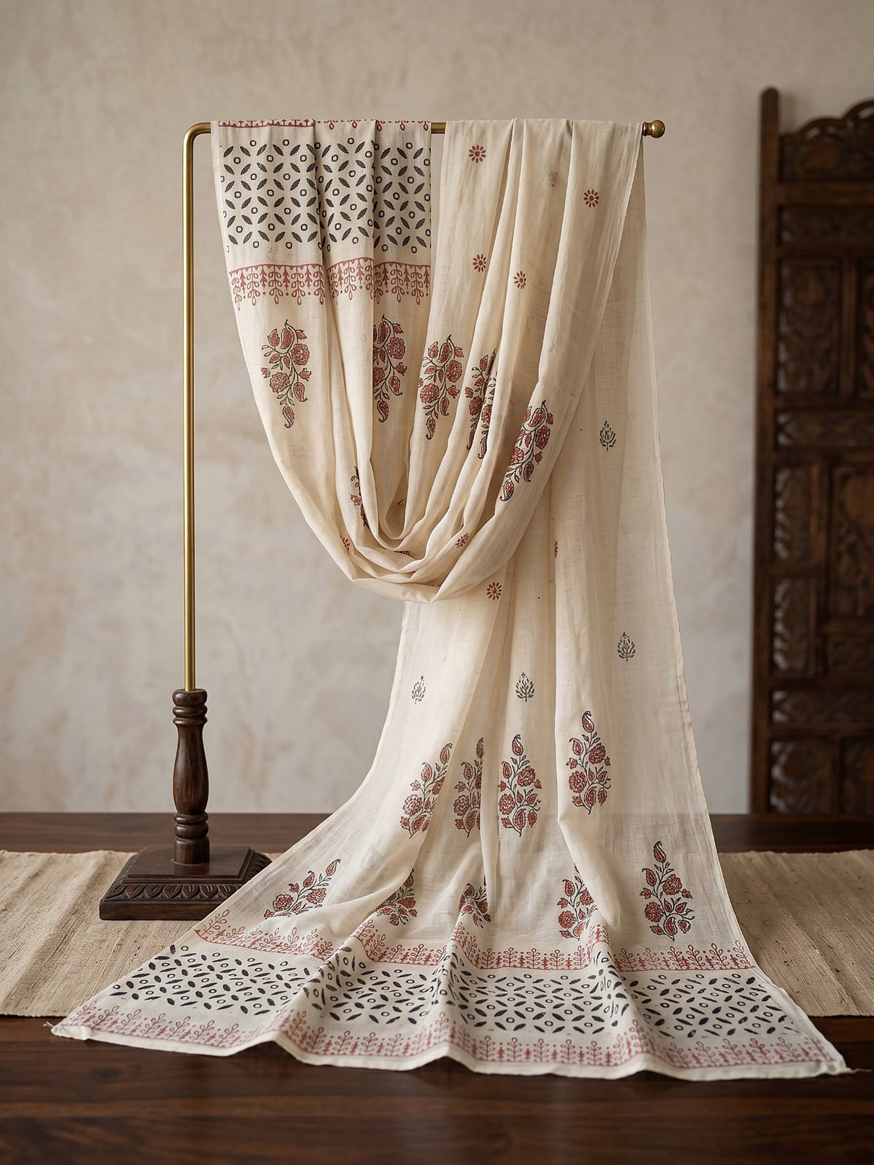Cream Red Cotton Blend Embroidered Straight Suit Set