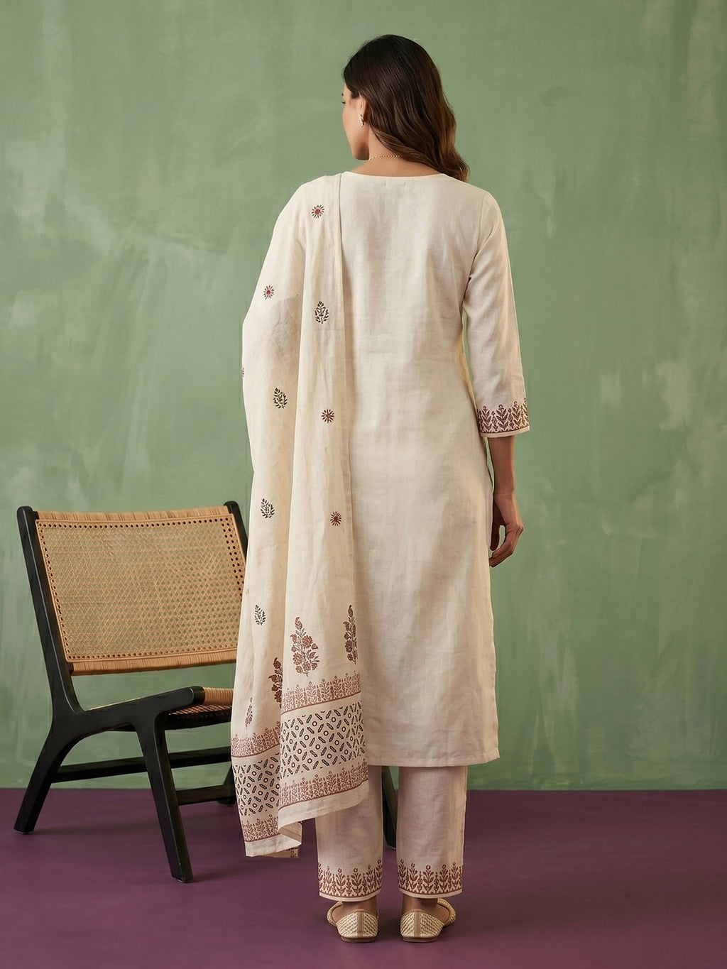 Cream Red Cotton Blend Embroidered Straight Suit Set