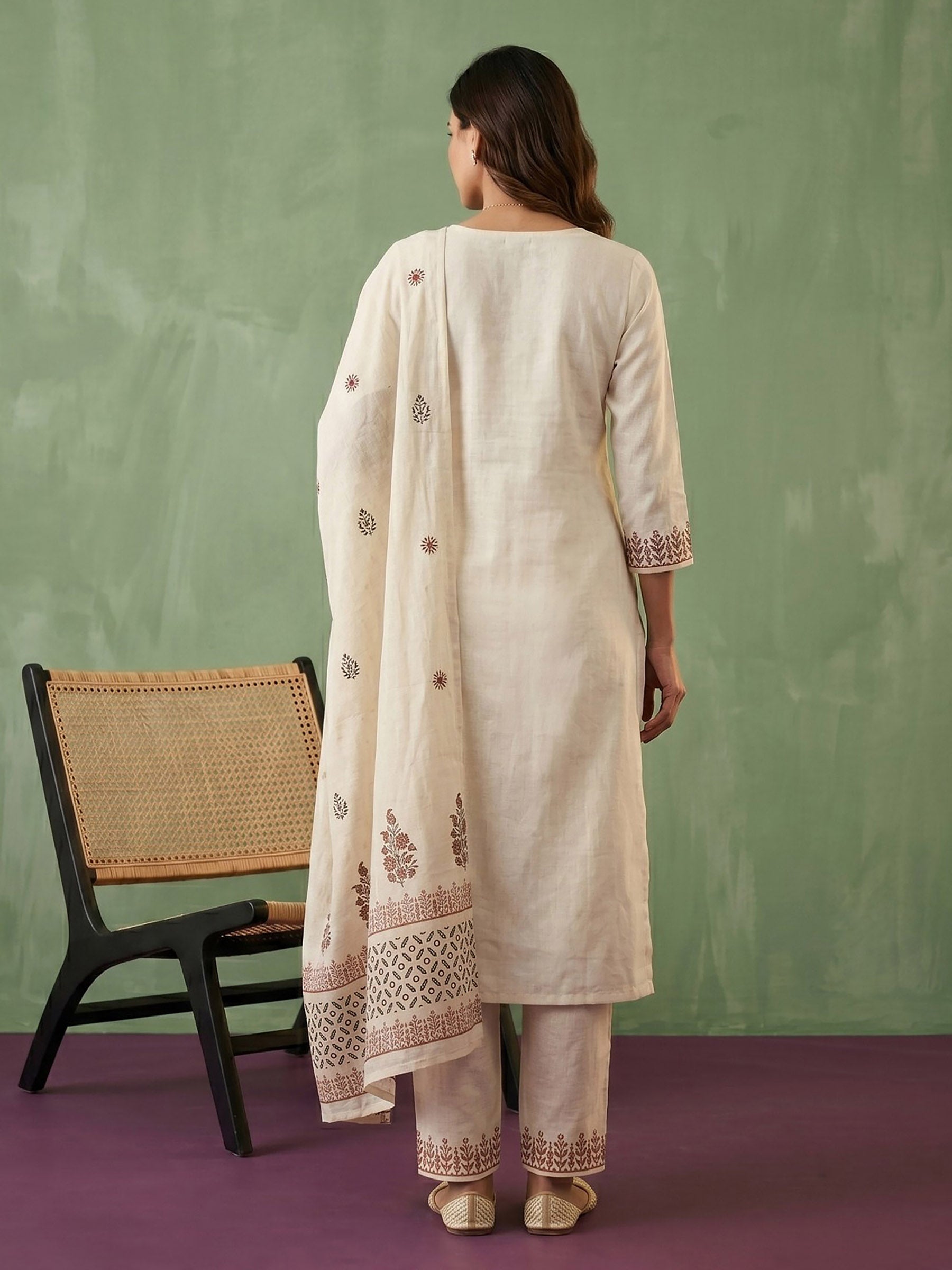 Cream Red Cotton Blend Embroidered Straight Suit Set