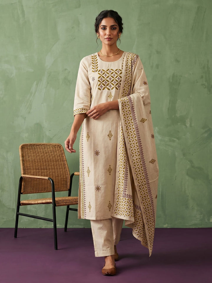 Cream Mustard Cotton Blend Embroidered Straight Suit Set
