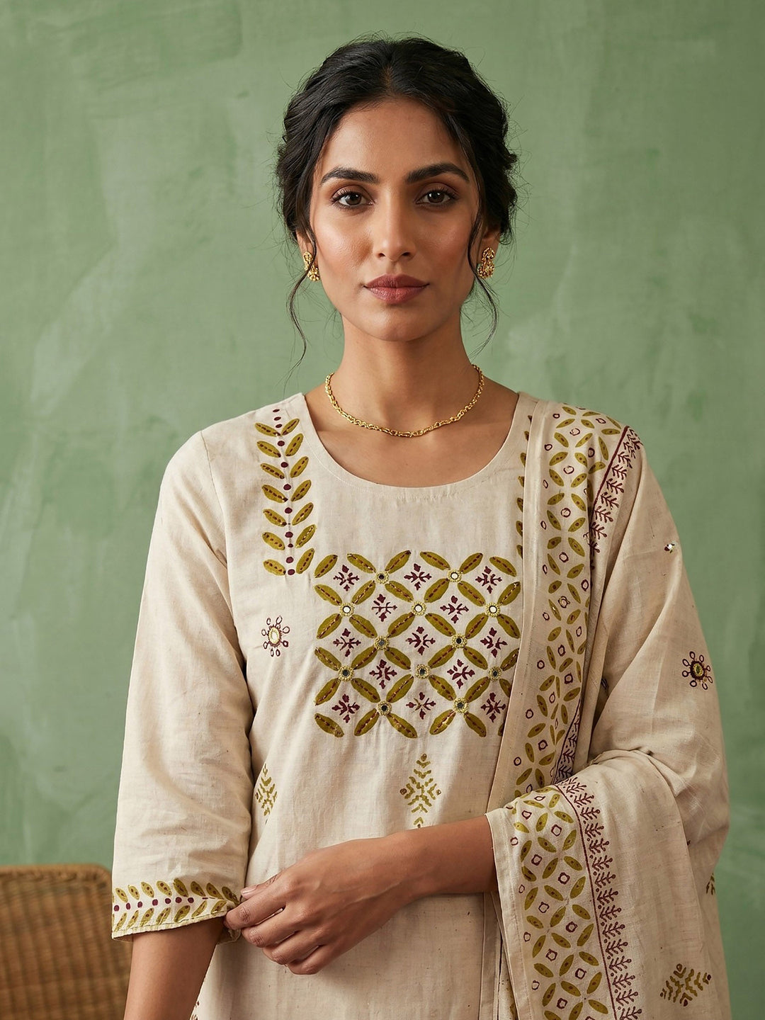 Cream Mustard Cotton Blend Embroidered Straight Suit Set