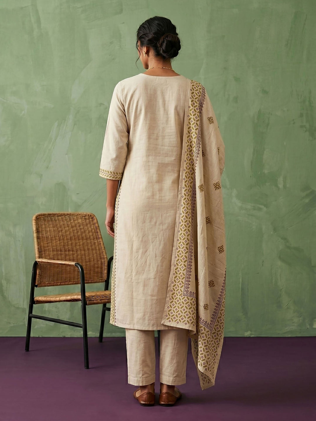 Cream Mustard Cotton Blend Embroidered Straight Suit Set