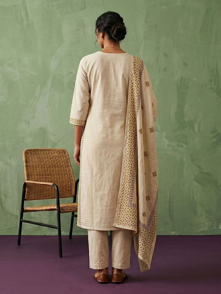 Cream Mustard Cotton Blend Embroidered Straight Suit Set