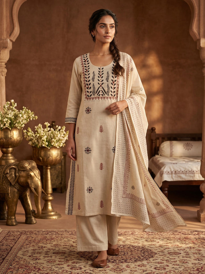 Cream Black Cotton Blend Printed Straight Suit Set