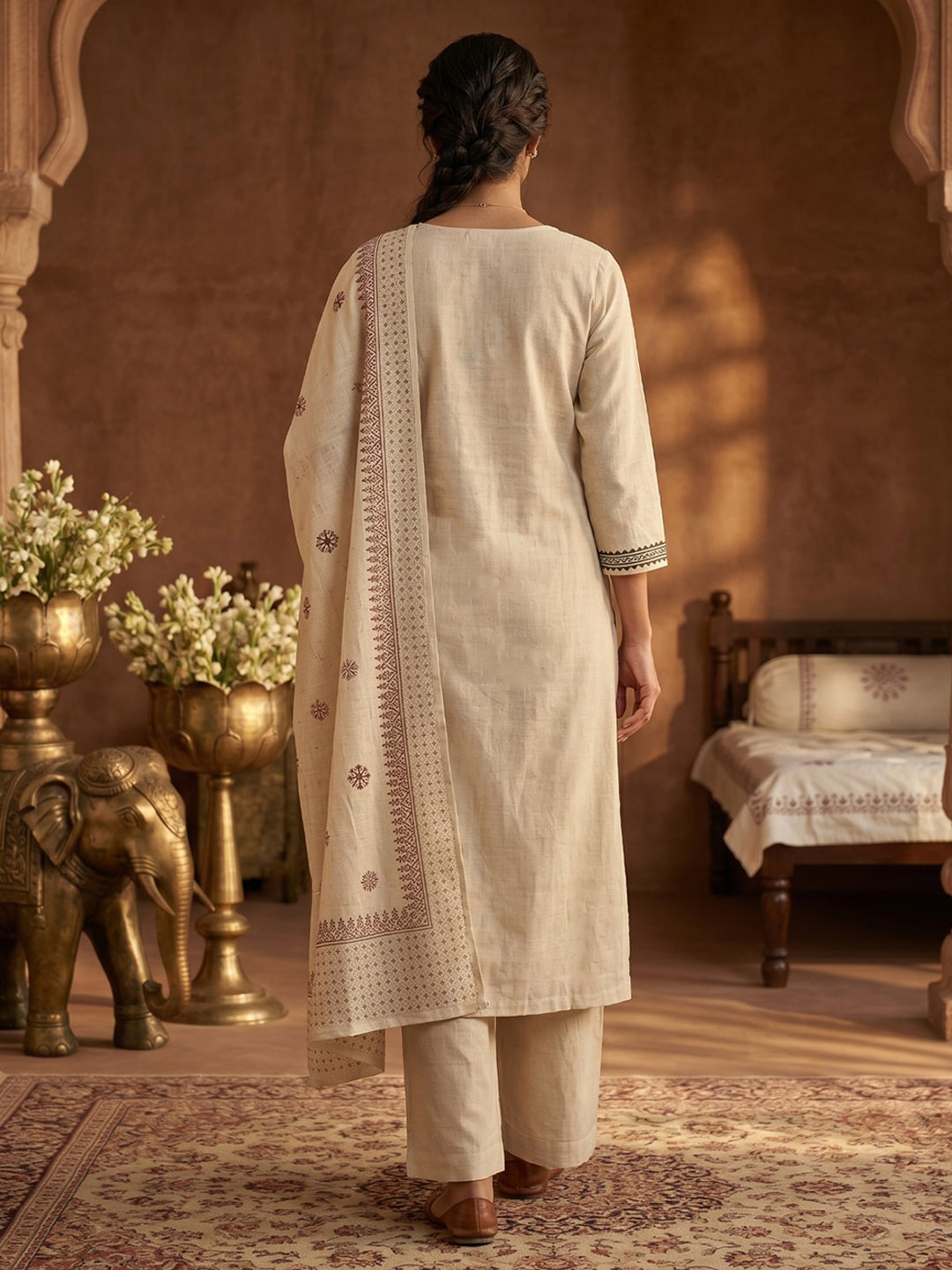 Cream Black Cotton Blend Printed Straight Suit Set