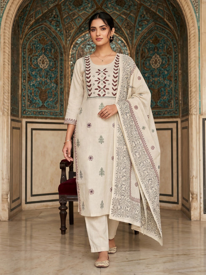 Cream Maroon Cotton Blend Embroidered Straight Suit Set