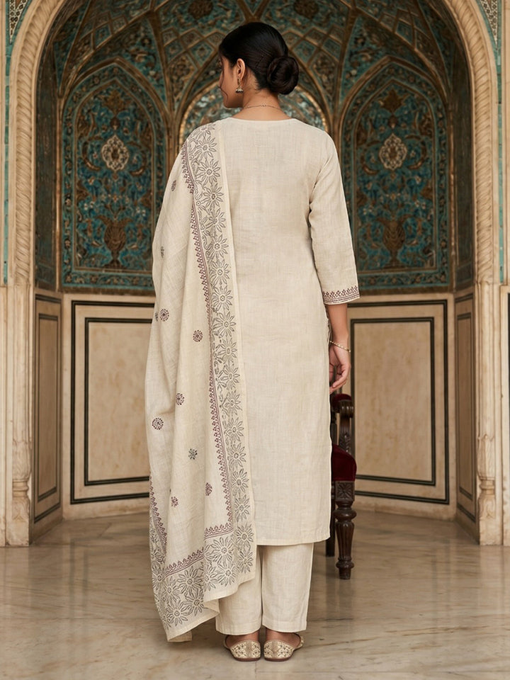 Cream Maroon Cotton Blend Embroidered Straight Suit Set
