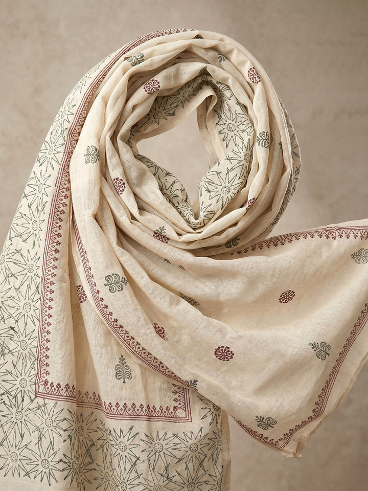 Cream Maroon Cotton Blend Embroidered Straight Suit Set