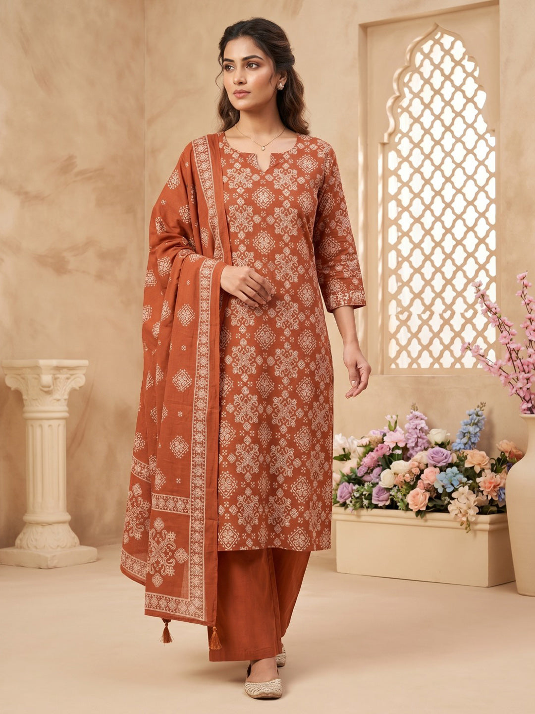 Brown Cotton Blend Printed Straight Suit Set