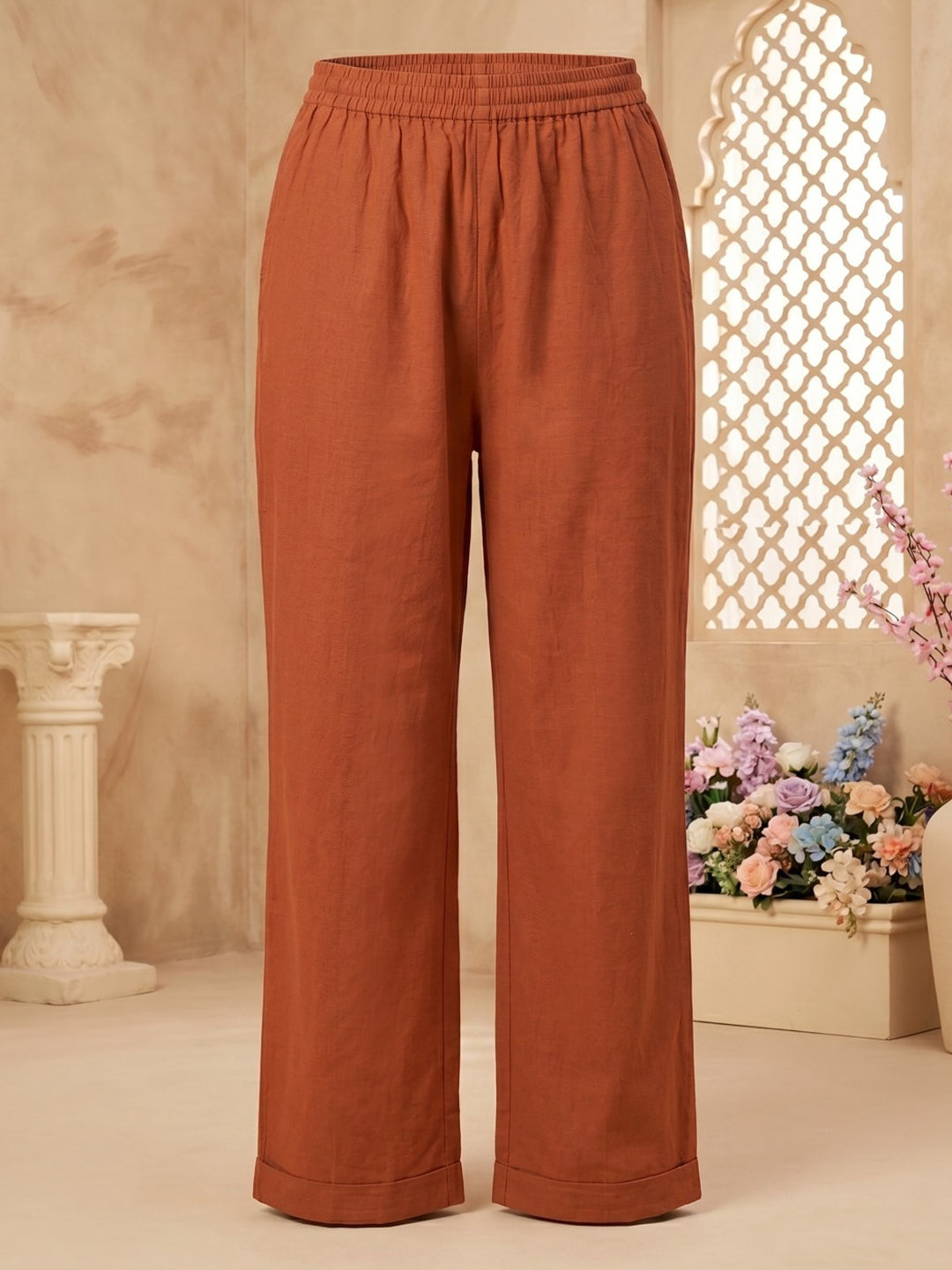 Brown Cotton Blend Printed Straight Suit Set