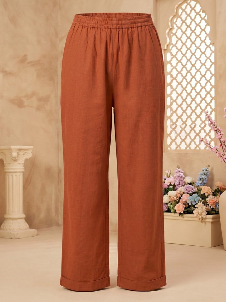 Brown Cotton Blend Printed Straight Suit Set