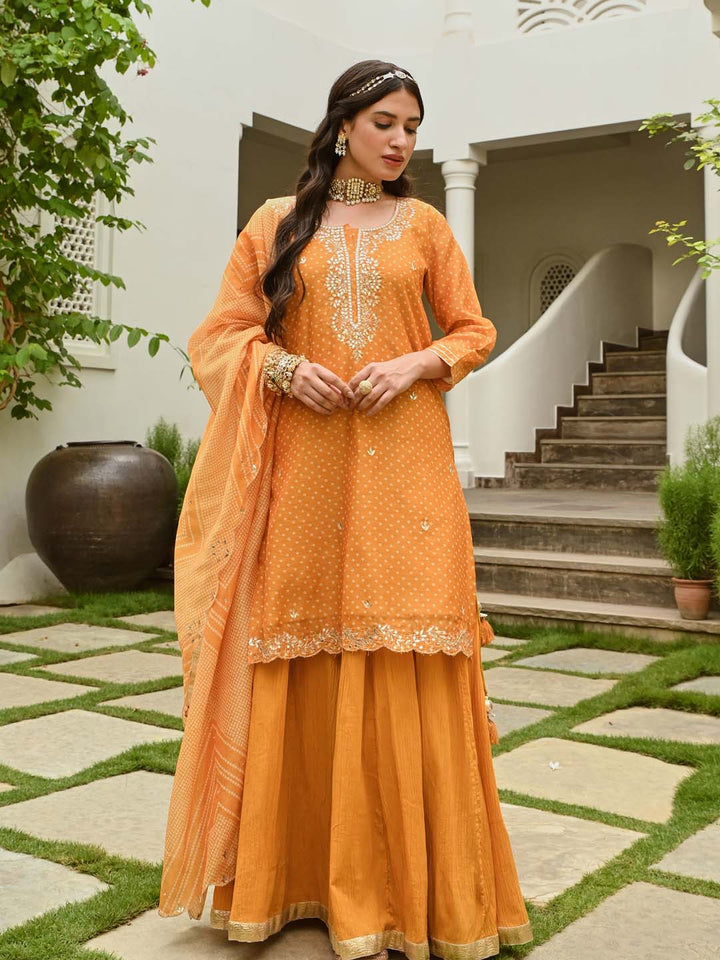 Bandhani Printed Chanderi Kurta With Skirt &amp; Dupatta