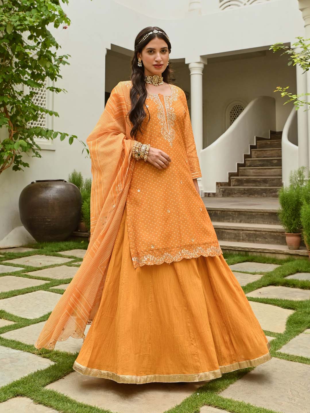 Bandhani Printed Chanderi Kurta With Skirt &amp; Dupatta