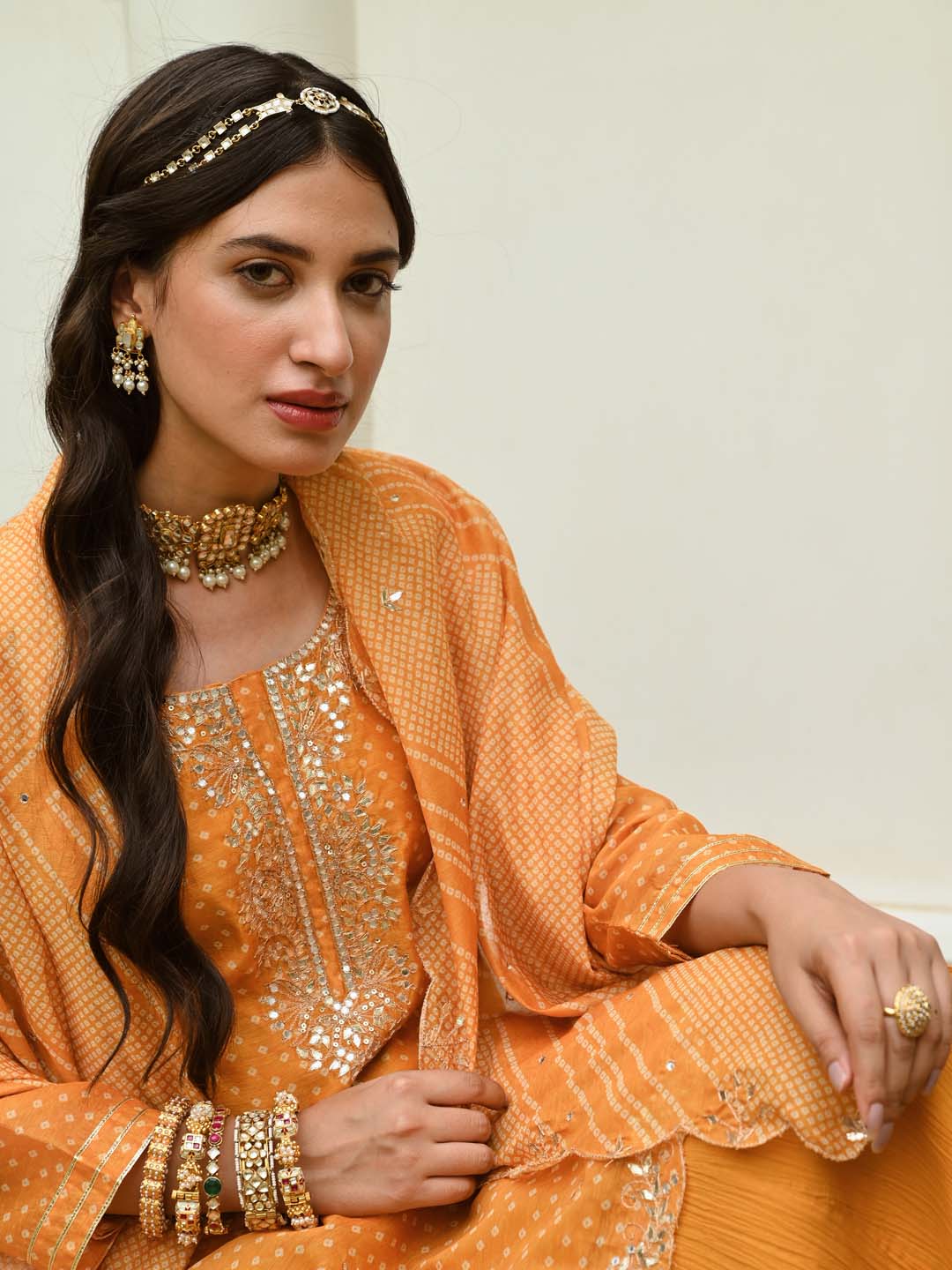 Bandhani Printed Chanderi Kurta With Skirt &amp; Dupatta
