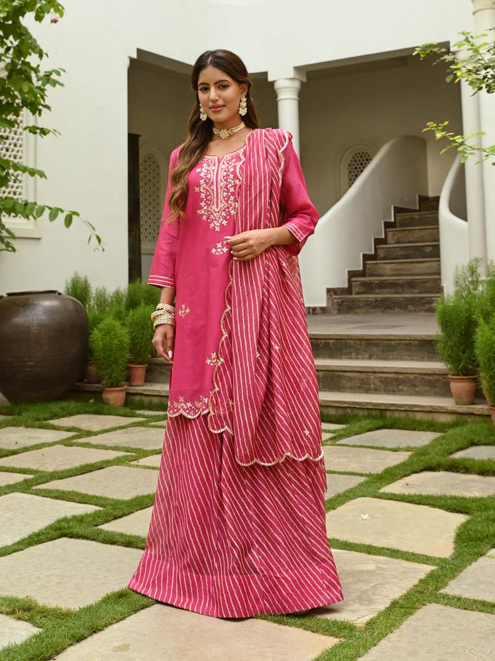 Gota Embroidered Chanderi Kurta With Skirt &amp; Dupatta