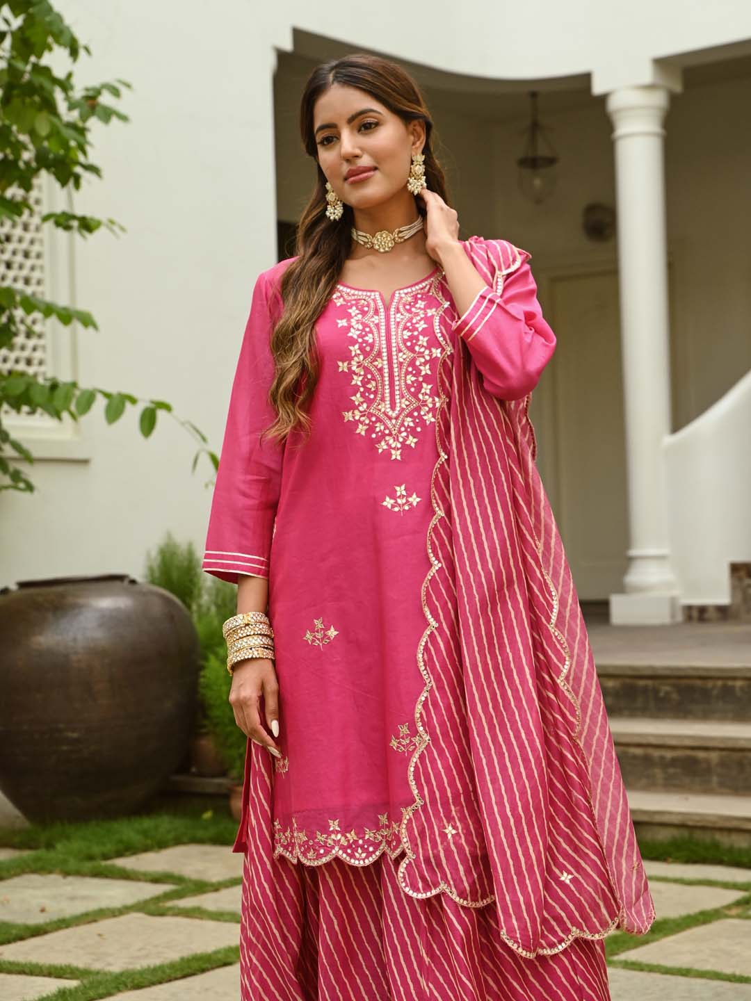 Gota Embroidered Chanderi Kurta With Skirt &amp; Dupatta