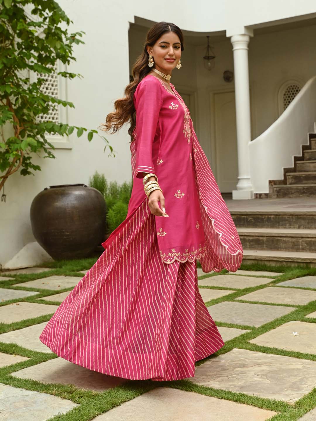 Gota Embroidered Chanderi Kurta With Skirt &amp; Dupatta