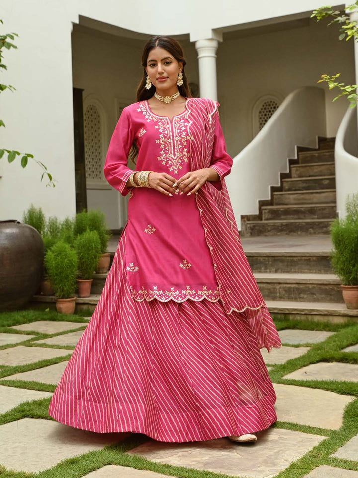 Gota Embroidered Chanderi Kurta With Skirt &amp; Dupatta