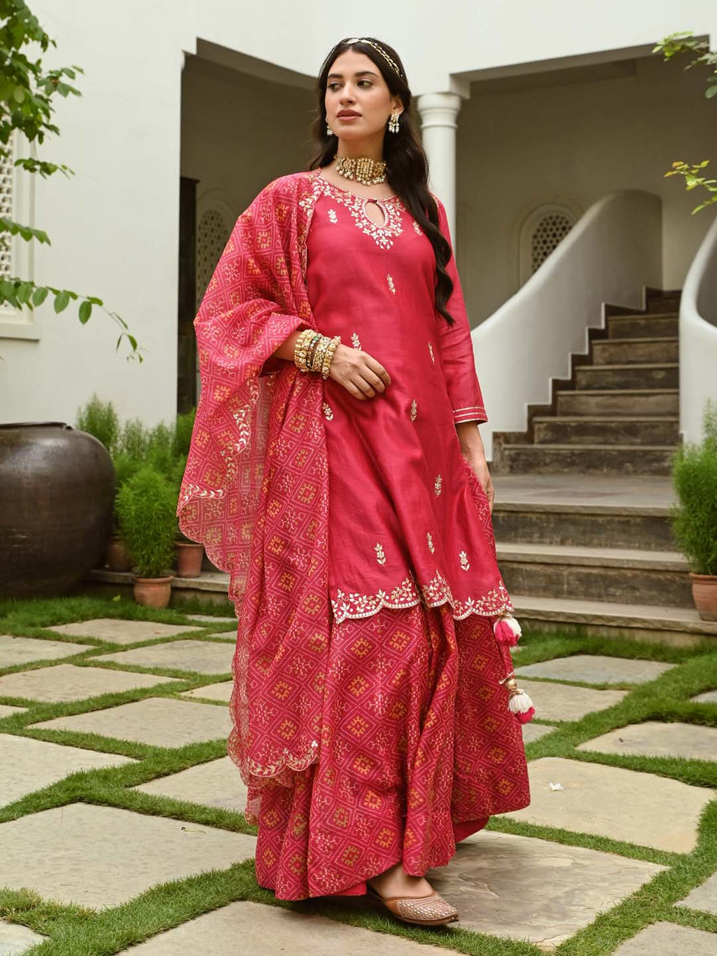 Gota Embroidered Chanderi Kurta With Skirt & Dupatta