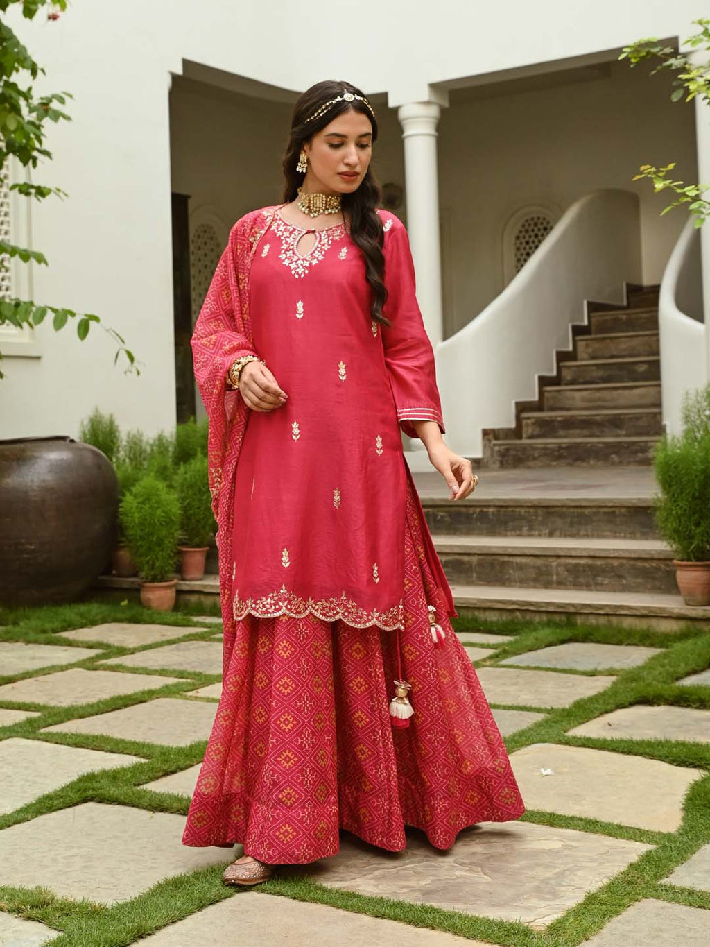 Gota Embroidered Chanderi Kurta With Skirt & Dupatta